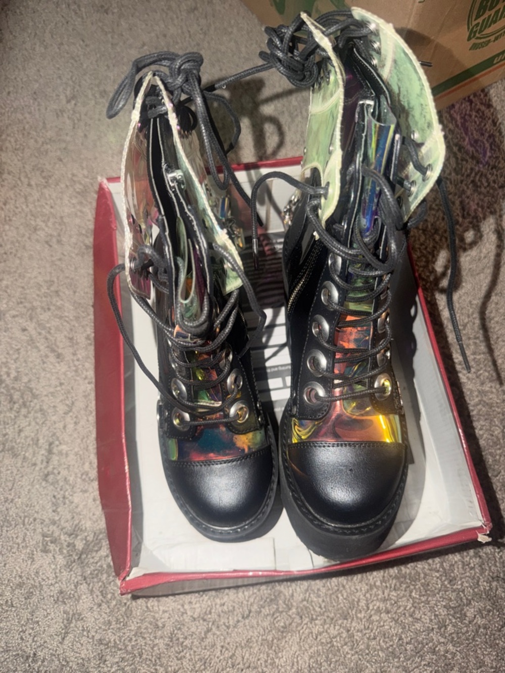 Demonia Iridescent Black Lace-Up Platform Ankle Boots - Picture 7 of 10